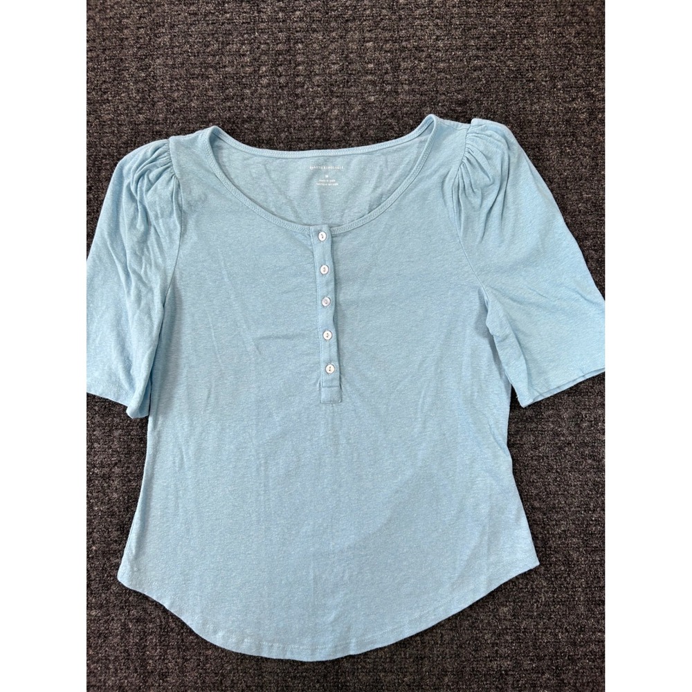 Anthropologie Light Blue Henley Puff Sleeve Top Short Sleeve Curved Hem Medium